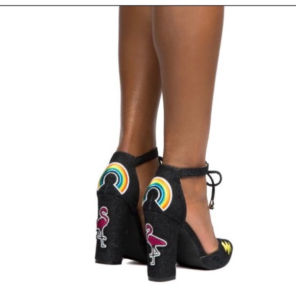 Cape Robin Denim Sandals Patches Block Denim Heels Strappy Ankle Point Toe 8 - Picture 2 of 13